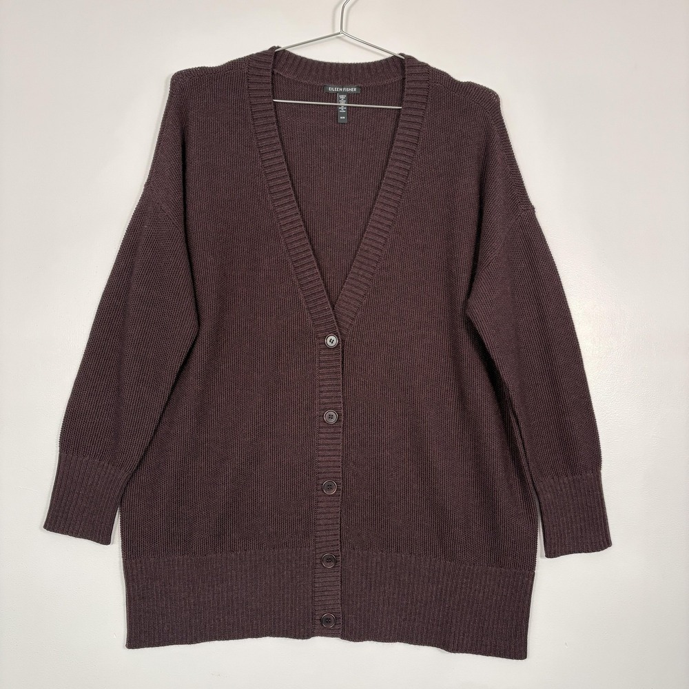 Eileen Fisher Cardigan Sweater Womens Medium Maroon Merino Wool V Neck Oversized